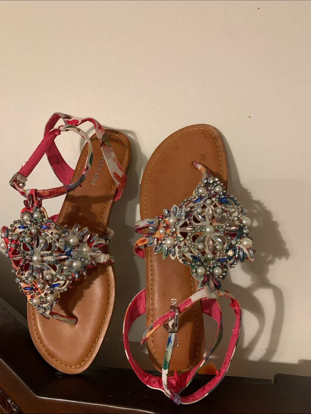 Gianni Bini Pink Multicolor Jeweled T-Strap Sandals